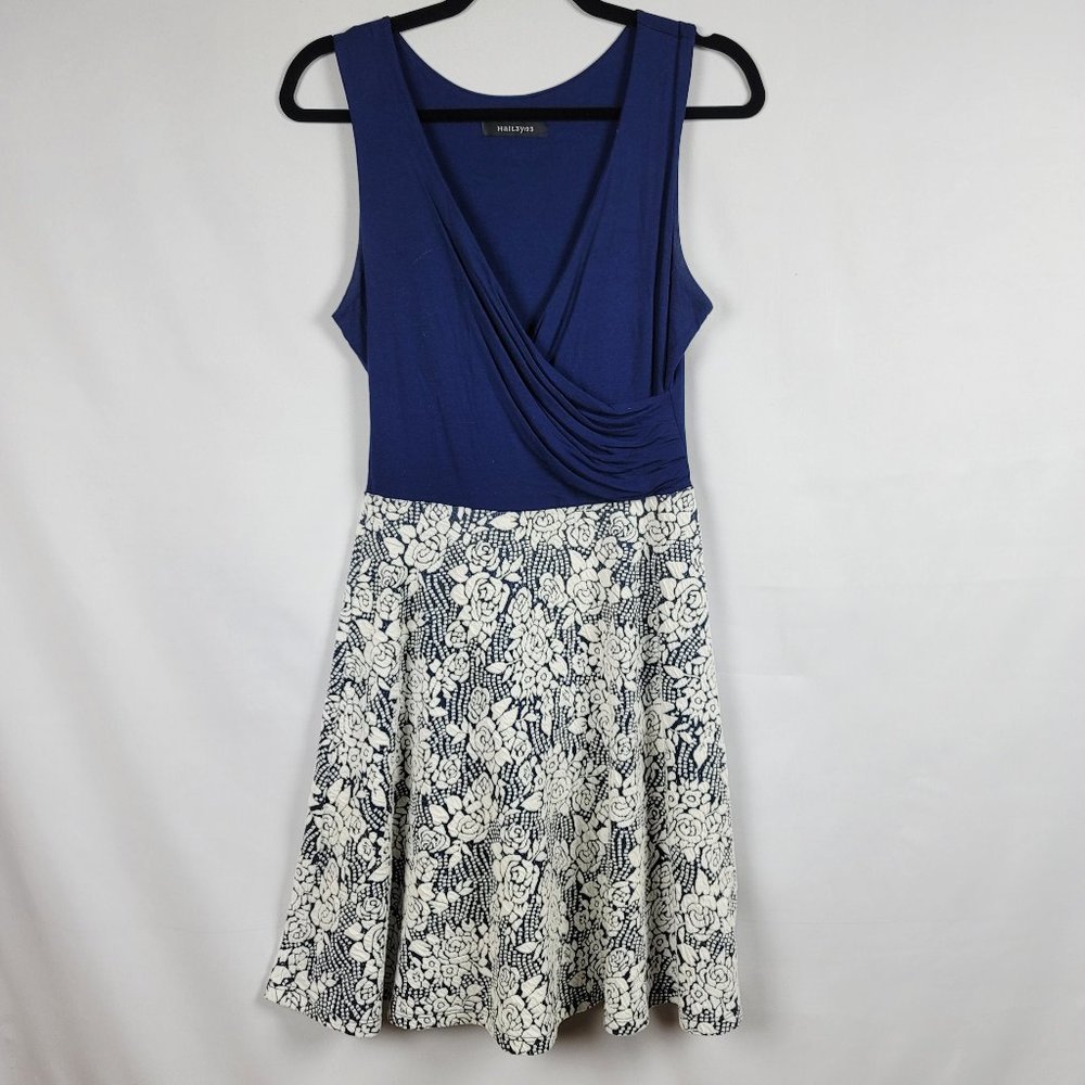 Hail3y:23 fit and flair brocade skirt wrap top bodice v neck stretch dress